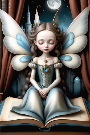 Cinematic scene - side view full body shot. in the style of Nicoletta Ceccoli, Mark Ryden and Esao Andrews. a detailed picture of a cute female fairy queen with elaborate fairy costume and elaborate fairy wings sleeping eyes closed lying down on a giant elaborate open picture book in a library of ancient books at night, full moon through the large window.