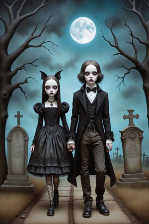 Cinematic scene - full body shot. in the style of Nicoletta Ceccoli, Mark Ryden and Esao Andrews. a detailed picture of a teen goth girl and teen goth boy walking in a n old graveyard with gravestones, under a full moon at night. wearing elaborate high fashion gothic outfits, hair, jewelry, shoes, make-up.  in the style Nicoletta Ceccoli, Mark Ryden and Esao Andrews.