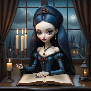 Cinematic shot of a beautiful young gothic lolita woman in the artistic style of Nicoletta Ceccoli, mark ryden and Esao Andrews. minimalist style. sweet smile. shiny long straight dark blue hair with fringe. she is sitting at her desk reading a large leather spellbook with magical symbols on the pages. it is night time, full moon outside of her window. her room has lit candles, old spellbooks, voodoo doll, witchcraft items. feeling of exquisite beauty, whimsical dreams and magic. extremely detailed, (((perfect female anatomy))). extremely detailed, in the style of esao andrews, full body shot. dynamic pose. (((manicured long painted fingernails))) (((perfect hands and fingers))).