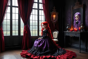 Cinematic scene - long shot side view, a gothic small girl, vibrant red long hair, bright red eyes, elaborate earrings, necklace, wearing elaborate gothic lolita dress purple, black, red colors, black gloves. she is in her gothic room looking out her large window in the style Nicoletta Ceccoli, Mark Ryden and Esao Andrews. minimalist style. a detailed elaborate gothic bedroom. dark william morris style patterned wallpaper, creepy portraits on the walls, dolls, ancient leather spellbooks, lanterns, candles, skulls, witch brooms, ghosts. midnight. dark outside. full moon visible through large window. in the style of Esao Andrews, Nicoletta Ceccoli, REALISTIC