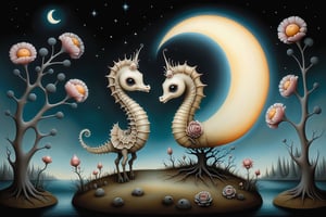 Cinematic scene - detailed, intricate seahorse in the style of Nicoletta Ceccoli, Mark Ryden and Esao Andrews. night time full moon, glowing luminescent plants, flowers, trees, Nicoletta Ceccoli, Mark Ryden and Esao Andrews. 