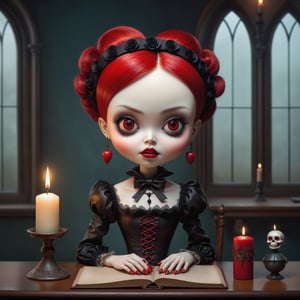 Cinematic shot of a beautiful young gothic lolita woman in the artistic style of Nicoletta Ceccoli, mark ryden and Esao Andrews. minimalist style. sweet smile. vampire fangs. shiny short vivid red layered hair with pointy bangs. she has detailed vibrant red eyes. she has gothic dark make-up. she is sitting at her desk holding a voodoo doll with pins. it is night time, full moon outside of her window. her room has lit candles, old leather spellbooks, burning witchcraft items. feeling of exquisite beauty, whimsical dreams and magic. extremely detailed, (((perfect female anatomy))). extremely detailed, in the style of esao andrews, full body shot. dynamic pose. (((manicured long painted fingernails))) (((perfect hands))) (((perfect fingers))).