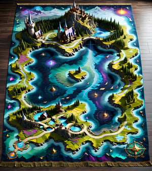 High-Angle shot top view looking down at a fairytale land map woven into carpet, a holographic magical world, (3-D), ,three-dimensional depiction, dark fantasy, emerging from a tapestry, 3d style textured intricate and detailed magical fairyland landscape world that is woven inside a textile thick tapestry, tapestry, detailed cottages, castles, landscapes, mountains, valleys, rivers, lakes, deserts, coastlines, landscapes, nightmare realms, exquisitely woven, the map is slightly lifted emerging from the map, It appears to float on the floor. there are dark scary elements also, the carpet is large, the edges of the carpet are frayed, surrounding the rug are piles, bundles and reams of vivid colored yarns, threads, high quality, imagination, 8K, fantasy art, style rug, tapestry, magic, map, itacstl,diorama, weaveworld by clive barker
