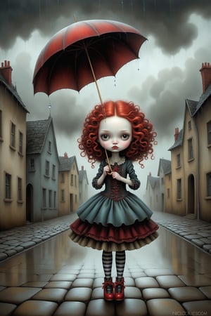 Cinematic scene - full body shot. in the style of Nicoletta Ceccoli, Mark Ryden and Esao Andrews. a picture of a pretty girl walking on a rainy cobblestone street. she has long vivid curly red hair. she is wearing an elaborate high fashion decorated rococo dress, stockings and shoes. her hair and dress are soaked from the rain. raindrops are falling from the sky. there is lightning and dark storm clouds in the sky. (((her umbrella is flying away in the wind behind her))). her hands are empty. in the style Nicoletta Ceccoli, Mark Ryden and Esao Andrews. dynamic pose. 