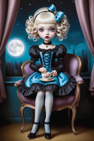 Cinematic full body shot of a beautiful young sweet gothic lolita woman in the artistic style of Nicoletta Ceccoli, Mark Ryden and Esao Andrews. minimalist style. sweet smile. bright blue eyes. shiny long ringlet blond curly hair with bangs. she is sitting in a rococo chair next to her window holding a teacup. it is night time, full moon dark sky outside of her window. she wears an elaborate sweet lolita dress in purple victorian patterns gold black dark blue accents colors, patterned stockings, victorian button pointy boots. large long dangle elaborate earrings on both ears. feeling of exquisite beauty, whimsical dreams and magic. extremely detailed, (((perfect female anatomy))). extremely detailed, in the style of esao andrews, full body shot. head to toe shot. dynamic pose.