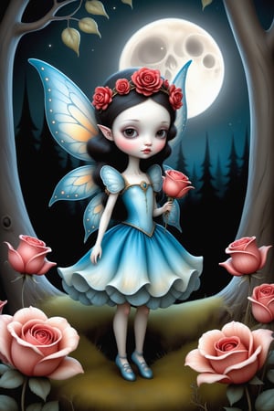 Cinematic scene - side view full body shot. in the style of Nicoletta Ceccoli, Mark Ryden and Esao Andrews. a detailed picture of a cute female fairy queen with elaborate fairy costume and elaborate fairy wings sitting on an illuminated rose flower in a magical forest at night under a full moon.