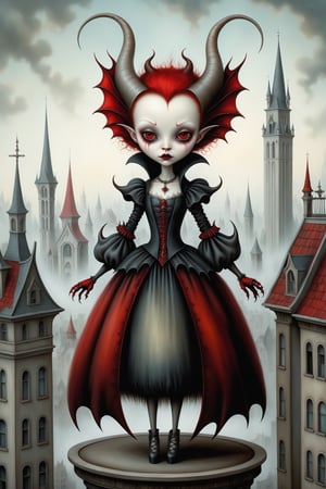 Cinematic scene - full body shot. in the style of Nicoletta Ceccoli, Mark Ryden and Esao Andrews. a detailed picture of a vampire queen woman with horns, red hair, red eyes and devil wings in an elaborate high fashion outfit standing on the roof of a high rise building in a gothic city in the style of Nicoletta Ceccoli, Mark Ryden and Esao Andrews. 
