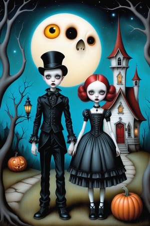 Cinematic scene - full body shot. in the style of Nicoletta Ceccoli, Mark Ryden and Esao Andrews. a detailed picture of a teen goth girl and teen goth boy standing in front of a haunted house under a full moon at night. wearing elaborate high fashion gothic outfits, hair, jewelry, shoes, make-up.  in the style Nicoletta Ceccoli, Mark Ryden and Esao Andrews.