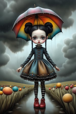 Cinematic scene - full body shot. in the style of Nicoletta Ceccoli, Mark Ryden and Esao Andrews. a detailed intricate masterpiece picture of a girl with long jet black hair in elaborate buns and braids walking in the rain without her umbrella. she is wearing an elaborate high fashion decorated colorful dress, stockings and shoes. there is lightning and dark storm clouds in the sky. raindrops are falling. she is standing in a flower garden in a field. in the style Nicoletta Ceccoli, Mark Ryden and Esao Andrews. dynamic pose. remove umbrella.