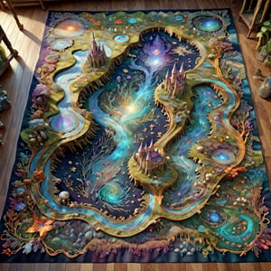 Magic tapestry woven carpet,Top view of holographic magical world, (3-D), ,three-dimensional depiction, emerging from a tapestry, 3d style textured intricate and detailed magical fairyland landscape world that is woven inside a textile thick tapestry, weaveworld by clive barker, tapestry, detailed intricate large magical realm, detailed castles, landscapes, magical creatures, magical flora and fauna, magical humans all woven into a tapestry or rug. exquisitely woven carpet ,map, the map is lifted from paper It appears to float on the floor. high quality, imagination, 8K, fantasy art, style painting magic, map, itacstl,diorama,FlowerStyle