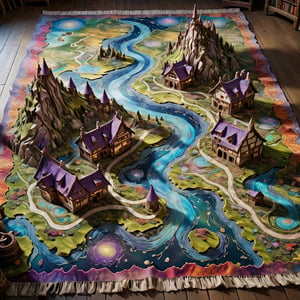 High-Angle shot extreme long shot top view of a fairytale land map woven into carpet, a holographic magical world, (3-D), ,three-dimensional depiction, emerging from a tapestry, 3d style textured intricate and detailed magical fairyland landscape world that is woven inside a textile thick tapestry, weaveworld by clive barker, tapestry, detailed intricate large magical realm, detailed villages, abodes, cottages, castles, different landscapes such as mountains, valleys, rivers, lakes, deserts, coastlines, landscapes, exquisitely woven carpet  map, the map is lifted from paper It appears to float on the floor. the carpet is large, the edges of the carpet are frayed, in the background there is a loom, bundles and reams of vivid colored yarns, threads, high quality, imagination, 8K, fantasy art, style painting magic, map, itacstl,diorama,FlowerStyle