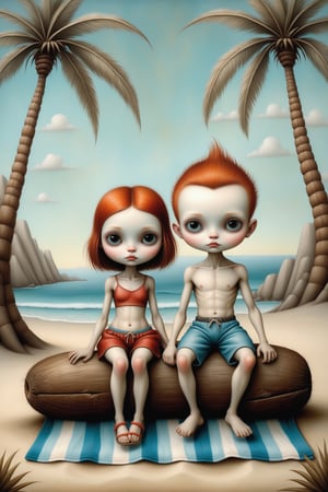 Cinematic scene - full body shot.  in the style of Nicoletta Ceccoli, Mark Ryden and Esao Andrews. a detailed picture of a cute surfer girl and cute surfer boy sitting on the beach on towels, underneath palm trees with coconut drinks, girl wearing bikini, boy wearing swimming shorts, tank top, beach wear, in the style Nicoletta Ceccoli, Mark Ryden and Esao Andrews.