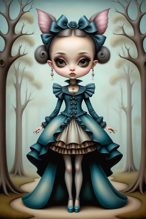 Cinematic scene - full body shot. in the style of Nicoletta Ceccoli, Mark Ryden and Esao Andrews. a detailed picture of singer Ariana Grande in an elaborate high fashion outfit in the style Nicoletta Ceccoli, Mark Ryden and Esao Andrews. 