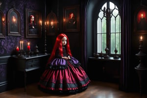 Cinematic scene - long shot, a gothic small girl, vibrant red long hair, bright green eyes, elaborate earrings, necklace, wearing elaborate gothic lolita dress purple, black, red colors, black lace gloves. she is in her gothic room looking out her large window in the style Nicoletta Ceccoli, Mark Ryden and Esao Andrews. minimalist style. a detailed elaborate gothic bedroom. dark william morris style patterned wallpaper, creepy portraits on the walls, dolls, ancient leather spellbooks, lanterns, candles, skulls, witch brooms, ghosts. midnight. dark outside. full moon visible through large window. in the style of Esao Andrews, Nicoletta Ceccoli, REALISTIC