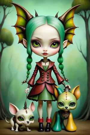 Cinematic scene - full body shot. in the style of Nicoletta Ceccoli, Mark Ryden and Esao Andrews. a detailed picture of Jinafire Long, green hair asian dragon girl from monster high with her pet robot-dog watzit in the style Nicoletta Ceccoli, Mark Ryden and Esao Andrews. 