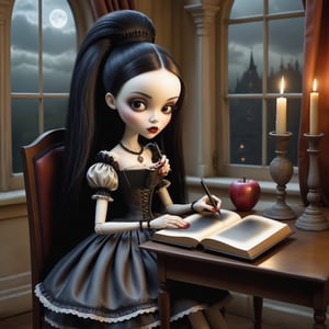 Cinematic shot of a beautiful young gothic lolita woman in the artistic style of Nicoletta Ceccoli, mark ryden and Esao Andrews. minimalist style. sweet smile. shiny long straight jet black hair in twin pony tails. pointy fringe. she is sitting at her desk reading an ancient large pictoral spellbook. it is night time, full moon outside of her window. her room has lit candles, old spellbooks, voodoo doll, witchcraft items. feeling of exquisite beauty, whimsical dreams and magic. extremely detailed, (((perfect female anatomy))). extremely detailed, in the style of esao andrews, full body shot. dynamic pose. (((manicured long painted fingernails))) (((perfect hands and fingers))).
