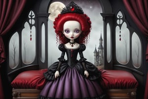 Cinematic scene - full body shot. in the style of Nicoletta Ceccoli, Mark Ryden and Esao Andrews. a gothic beautiful vampire girl with very long red curly hair, bright red eyes, evil smile, wearing elaborate earrings, necklace, and elaborate victorian gothic lolita dress in colors of purple black red black with elizabethan collar. black gloves. her elaborate coffin bed is next to her. there is a large window and the full moon and scary forest in the distance. minimalist style. a detailed elaborate gothic bedroom. in the style Nicoletta Ceccoli, Mark Ryden and Esao Andrews.  REALISTIC