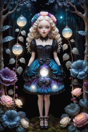 Cinematic full body shot of a beautiful young sweet gothic lolita woman in the artistic style of Nicoletta Ceccoli, Mark Ryden and Esao Andrews. minimalist style. sweet smile. bright blue eyes. long curly blond hair with bangs. she is standing in a magical forest with beautiful trees, illuminated flowers, ferns, glowing colorful orbs. it is night time, full moon. dark sky outside of her window. she wears an elaborate gothic lolita dress in black, purple, white colors. gloves on her hands. elaborate large earrings, feeling of exquisite beauty, whimsical dreams and magic. extremely detailed, (((perfect female anatomy))). extremely detailed, in the style of esao andrews, full body shot. head to toe shot. dynamic pose.