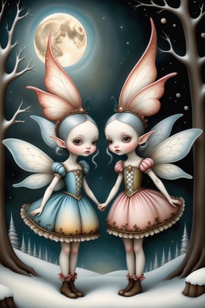 Cinematic scene - side view full body shot. in the style of Nicoletta Ceccoli, Mark Ryden and Esao Andrews. a detailed picture of cute fairy sisters with elaborate fairy costume and elaborate fairy wings floating in the sky with the snow famming under a full moon in a magical forest