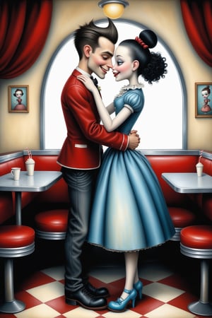 Cinematic scene - full body shot. in the style of Nicoletta Ceccoli, Mark Ryden and Esao Andrews. a detailed picture of a happy playful Rockabilly teen boy and teen girl hugging and kissing each other smiling in love in a 1950's diner. the teens are wearing elaborate high fashion Rockabilly clothes in the style Nicoletta Ceccoli, Mark Ryden and Esao Andrews. 
