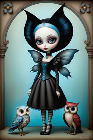 Cinematic scene - full body shot. in the style of Nicoletta Ceccoli, Mark Ryden and Esao Andrews. a detailed picture of ghoulia yelps, a monster high doll with her pet owl sir hoots a lot in the style Nicoletta Ceccoli, Mark Ryden and Esao Andrews. 