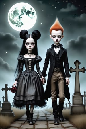 Cinematic scene - full body shot. in the style of Nicoletta Ceccoli, Mark Ryden and Esao Andrews. a detailed picture of a teen goth girl and teen goth boy walking in a an old graveyard with gravestones, under a full moon at night. wearing elaborate high fashion gothic outfits, hair, jewelry, shoes, make-up.  in the style Nicoletta Ceccoli, Mark Ryden and Esao Andrews.
