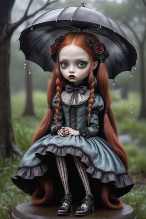 Cinematic scene - full body shot. in the style of Nicoletta Ceccoli, Mark Ryden and Esao Andrews. a picture of a pretty girl sitting under an elaborate picnic umbrella in the pouring rain. rain is dripping and falling all around. she has long copper colored hair in elaborate braids and buns. she has gothic make-up on her eyes and face. she is wearing an elaborate high fashion gothic lolita, stockings and shoes. raindrops are falling from the sky. there is lightning and dark storm clouds in the sky. (((perfect hands))) (((manicured fingernails))) ((((nail polish)))
