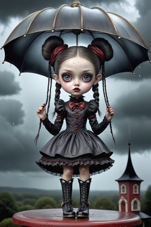 Cinematic scene - full body shot. in the style of Nicoletta Ceccoli, Mark Ryden and Esao Andrews. a picture of a pretty girl riding on a carousel horse in a rain storm.. rain drops are falling. there is lightning and dark storm clouds in the sky above. she has long jet black hair with braids, buns and knots. she has gothic make-up on her eyes and face. she is wearing an elaborate high fashion gothic lolita, stockings and shoes.  (((perfect hands))) (((manicured fingernails))) ((((nail polish)))