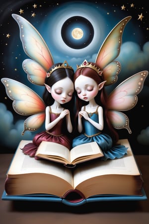 Cinematic scene - side view full body shot. in the style of Nicoletta Ceccoli, Mark Ryden and Esao Andrews. a detailed picture of cute fairy sisters with elaborate fairy costume and elaborate fairy wings sleeping. their eyes are closed. they are lying down on their side on a giant magical picture book. they are using the book as their bed under a full moon in a magical library