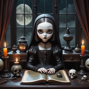 Cinematic shot, wide shot, a gothic small girl sitting at a desk with a large leather old spellbook, in the style Nicoletta Ceccoli, Mark Ryden and Esao Andrews. minimalist style. a detailed elaborate gothic bedroom with patterned gothic wallpaper, velvet curtains, cluttered with creepy cat, monster ghost paintings, dolls, colorful potion bottles, magic circle on floor, ancient leather spellbooks, candelabra, skulls, witch brooms, healing crystals. creepy cat. night time. dark outside. full moon visible through large window. (((perfect female hands))) (((perfect fingers))) (((manicured painted long fingernails)))