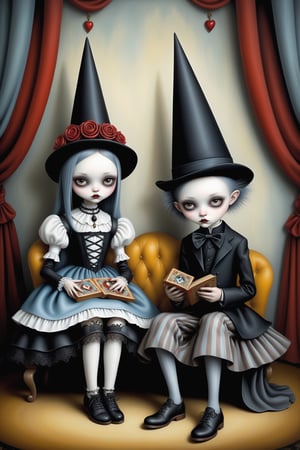Cinematic scene - full body shot. side view in the style of Nicoletta Ceccoli, Mark Ryden and Esao Andrews. a detailed picture of a teen goth girl and teen goth boy sitting on the floor holding hands, black candles surrounding them, they are playing with tarot cards fortune telling wearing elaborate high fashion gothic outfits, hot topic, gothic lolita, hair, jewelry, shoes, make-up.  in the style Nicoletta Ceccoli, Mark Ryden and Esao Andrews.