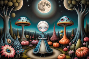 Cinematic scene - detailed, intricate strange garden with alien, weird, otherworldly never before seen colorful plants in the style of Nicoletta Ceccoli, Mark Ryden and Esao Andrews. night time full moon, glowing luminescent plants, flowers, trees, Nicoletta Ceccoli, Mark Ryden and Esao Andrews. 