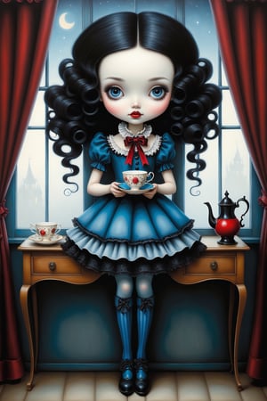 Cinematic full body shot of a beautiful young sweet gothic lolita woman in the artistic style of Nicoletta Ceccoli, mark ryden and Esao Andrews. minimalist style. sweet smile. bright blue eyes. shiny long black hair corkscrew curls cascading down her front and back. she is standing next to her window holding a teacup. on her desk is an open picture book with magical symbols. it is night time, full moon dark sky outside of her window. she wears an elaborate sweet lolita dress in red, blue white and blacl colors, patterned stockings, victorian button pointy boots. feeling of exquisite beauty, whimsical dreams and magic. extremely detailed, (((perfect female anatomy))). extremely detailed, in the style of esao andrews, full body shot. head to toe shot. dynamic pose.
