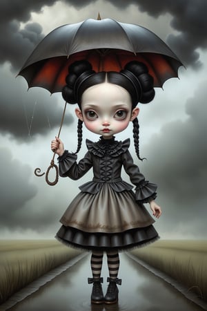 Cinematic scene - full body shot. in the style of Nicoletta Ceccoli, Mark Ryden and Esao Andrews. a detailed picture of a girl with long jet black hair in elaborate buns and braids smiling happy joyful its raining. she is wearing an elaborate high fashion gothic lolita outfit. there is lightning and dark storm clouds in the sky. her umbrella is closed in her hand. in the style Nicoletta Ceccoli, Mark Ryden and Esao Andrews. dynamic pose. she is dancing in the rain. her clothes and hair are wet. 