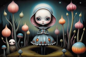 Cinematic scene - detailed, intricate strange garden with alien, weird, otherworldly never before seen colorful plants in the style of Nicoletta Ceccoli, Mark Ryden and Esao Andrews. night time full moon glowing plants. Nicoletta Ceccoli, Mark Ryden and Esao Andrews. 