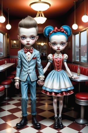 Cinematic scene - full body shot. in the style of Nicoletta Ceccoli, Mark Ryden and Esao Andrews. a detailed picture of a Rockabily teen boy and teen girl holding hands in a 1950's diner in elaborate high fashion Rockabilly outfits in the style Nicoletta Ceccoli, Mark Ryden and Esao Andrews. 