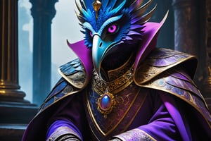 The given paragraph is a vivid description of a visually stunning and attention-grabbing image. It effectively captures the essence of a decaying Skeksis birdlike king, emphasizing the contrasting elements of life and decay. The author skillfully employs vibrant language to paint a picture of scales exhibiting radiant blues and purples, withering yet iridescent plumes, and hauntingly neon-glowing eyes embedded in cracked, peeling skin. The use of metaphorical language to describe the tarnished crown and frayed royal robe enhances the overall image, conveying the once-magnificent beauty now fading away. The paragraph successfully establishes an emotional connection with the audience, inviting them to contemplate the fleeting grandeur of an empire. In applying a similar descriptive 