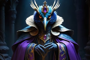The given paragraph is a vivid description of a visually stunning and attention-grabbing image. It effectively captures the essence of a decaying Skeksis birdlike king, emphasizing the contrasting elements of life and decay. The author skillfully employs vibrant language to paint a picture of scales exhibiting radiant blues and purples, withering yet iridescent plumes, and hauntingly neon-glowing eyes embedded in cracked, peeling skin. The use of metaphorical language to describe the tarnished crown and frayed royal robe enhances the overall image, conveying the once-magnificent beauty now fading away. The paragraph successfully establishes an emotional connection with the audience, inviting them to contemplate the fleeting grandeur of an empire. In applying a similar descriptive 
