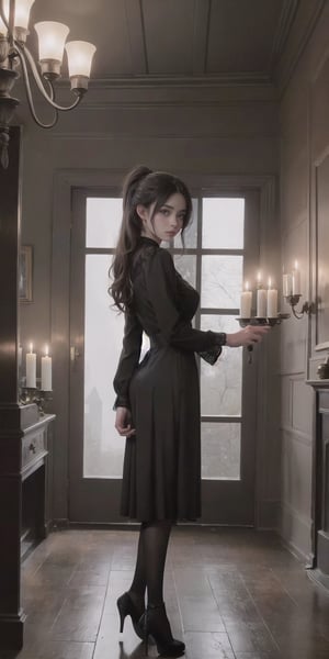 ((top quality)), ((masterpiece)), full body image of a young vampire woman, (( in a old and dark house, holding a candelabra with candles)) gothic woman, very pale, dark shadow around his eyes, black old lace clothes with intrincate details, black long hair collected in a ponytail , intricate details, highly detailed light brown eyes, highly detailed mouth, cinematic image, illuminated by soft light,photo of perfecteyes eyes