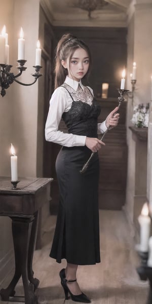 ((top quality)), ((masterpiece)), full body image of a young vampire woman, (( in a old and dark house, holding a candelabra with candles)) gothic woman, very pale, dark shadow around his eyes, black old lace clothes with intrincate details, black long hair collected in a ponytail , intricate details, highly detailed light brown eyes, highly detailed mouth, cinematic image, illuminated by soft light,photo of perfecteyes eyes