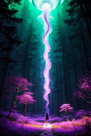 An ethereal, surreal scen emerges in this strikingly vivid image. At its center floats a diffuse hallucinatory single jellyfish, radiating dynamic colors in a mesmerizing display. Its long tentacles appear to defy gravity as it is hovering above a lush forest of trees. This masterfully detailed illistration brings to life the extrodinary movement of the jellyfish, as if it exist in a realm beyond our own. The image, whether a painting, digital artwork, or photograph, captivates with its otherworldly beauty and impeccable execution, solo, nature, outdoors, tree, forest, 