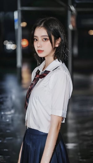 sad girl, sad face, (short hair), wet school uniform, wet hair, wet skin, standing in Hong Kong city, ((rain, rainy)),  smooth soft skin, white skin, 4K, ultra HD, RAW photo, realistic, best quality, masterpiece, photorealistic, Cinematic lighting, close up shot, look at the viewer, full body, wetshirt, Yewon, ((close up face))