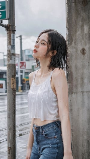 ((raining, rain, very heavy rain)), wet girl, sad face, ((short hair)), (wet hair, wetshirt), 
Lonely girl standing at the bus stop, looking up at the sky, city street background, beautiful skin, white skin, 4K, ultra HD, RAW photo, realistic, best quality, masterpiece, photorealistic, half body, cinematic lighting, portrait, white singlet, blue low waist skinny jeans, medium shot, Yewon, wet, wet hair, daytime