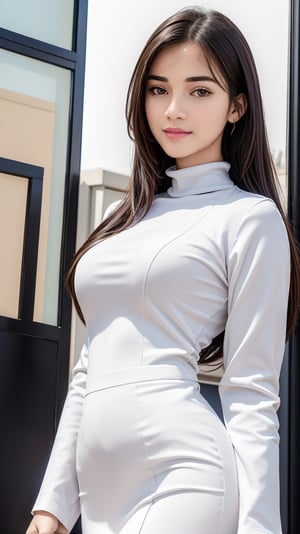 (Realistic, Photorealistic: 1.37), labcoat, white coat, K-Pop idol, ((highest quality)), ((intricate details)), ((surrealistic)), absurd resolution, 18 years old, young , sexy woman, point view, highly detailed illustration, one girl, medium breasted, perfect hands, detailed fingers, beautifully detailed eyes, medium long hair, brown eyes, (turtleneck: 1.2), tight skirt, Detailed background, choker, perfect eyes, enchanting eyes, looking. Viewed from the front