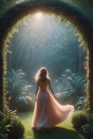 17 year old girl in a magical garden, raining
