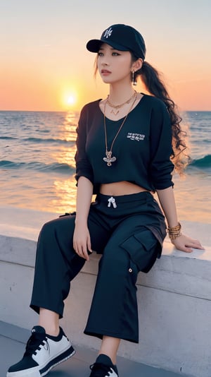 1girl, grey blonde hair(very long hair, curly_hair),long ponytail,hiphop dancer,wearing all black clothes (loose fit top and wide cargo pants),sneakers,accessories(necklace,ear_rings)baseball cap, sitting at sea bank,horizon,seaside,vivid sea color,red lighthouse,sunset,Best Quality, 32k, photorealistic, ultra-detailed, finely detailed, high resolution, perfect dynamic composition, beautiful detailed eyes, sharp-focus, cowboy_shot,