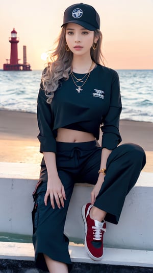 1girl, grey blonde hair(very long hair, curly_hair),long ponytail,hiphop dancer,wearing all black clothes (loose fit top and wide cargo pants),sneakers,accessories(necklace,ear_rings)baseball cap, sitting at sea bank,horizon,seaside,vivid sea color,red lighthouse,sunset,Best Quality, 32k, photorealistic, ultra-detailed, finely detailed, high resolution, perfect dynamic composition, beautiful detailed eyes, sharp-focus, cowboy_shot,