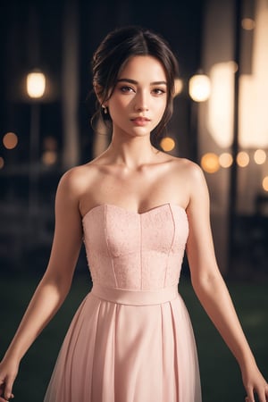 Pretty eyes,beautiful woman with freckles,Tomboy Cut,Chestnut,Special Occasion Strapless bridesmaid dress in a blush pink with a pleated bodice.,,Danceclub,,bokeh professional 4k highly detailed,Ambient lighting,yuri