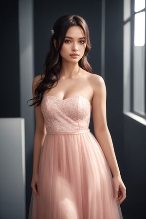 Pretty eyes,beautiful woman with freckles,Tomboy Cut,Chestnut,Special Occasion Strapless bridesmaid dress in a blush pink with a pleated bodice.,,Danceclub,,bokeh professional 4k highly detailed,Ambient lighting,yuri