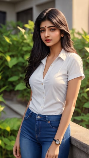 (Best quality, Ultra-detailed, Realistic:1.37), Professional, Beautiful detailed eyes, Beautiful detailed lips, Detailed facial features, Natural skin tone, Perfect skin texture, Delicate facial expressions, Image in high resolution, Sad face, Realistic Skin, plain face, natural smile, highly detailed hair, 18 years old, (Kiran, beautiful young Indian woman), wearing black shirt, black jeans and white shoes, standing in the garden with head bowed, sad face looking at the time on wrist watch , which reflects her impeccable style and grace. The high-resolution image depicts ultra-detailed realism, highlighting Kiran's striking eyes, expressive lips and sad facial features.